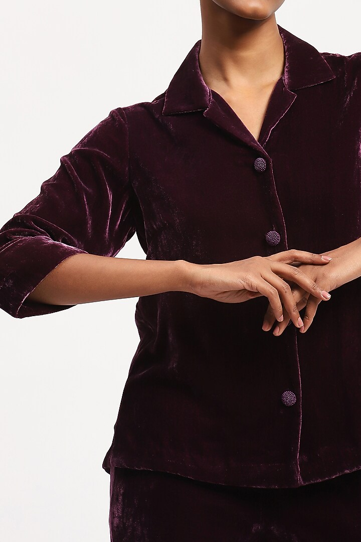 Aubergine Silk Velvet Shirt by Abraham & Thakore at Pernia's Pop Up Shop