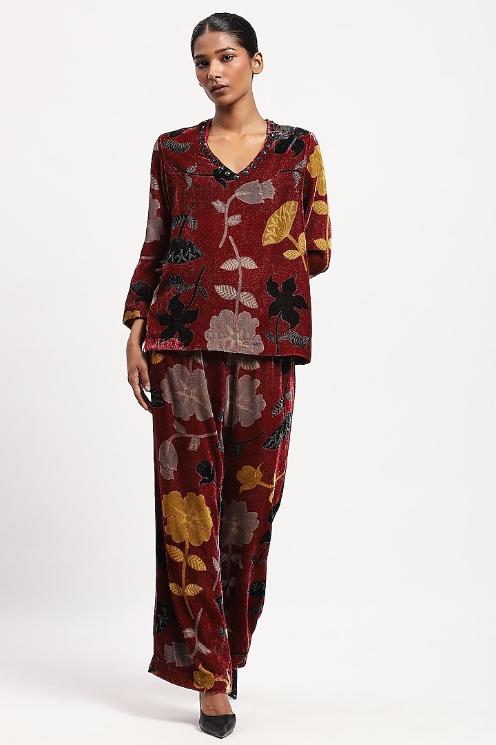 Multi-Colored Velvet Embroidered & Printed Top by Abraham & Thakore at Pernia's Pop Up Shop