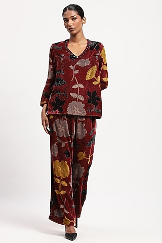 Multi-Colored Velvet Embroidered & Printed Top by Abraham & Thakore
