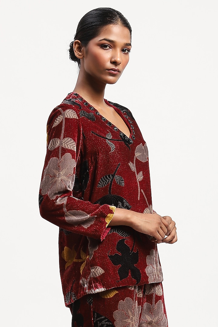 Multi-Colored Velvet Embroidered & Printed Top by Abraham & Thakore at Pernia's Pop Up Shop