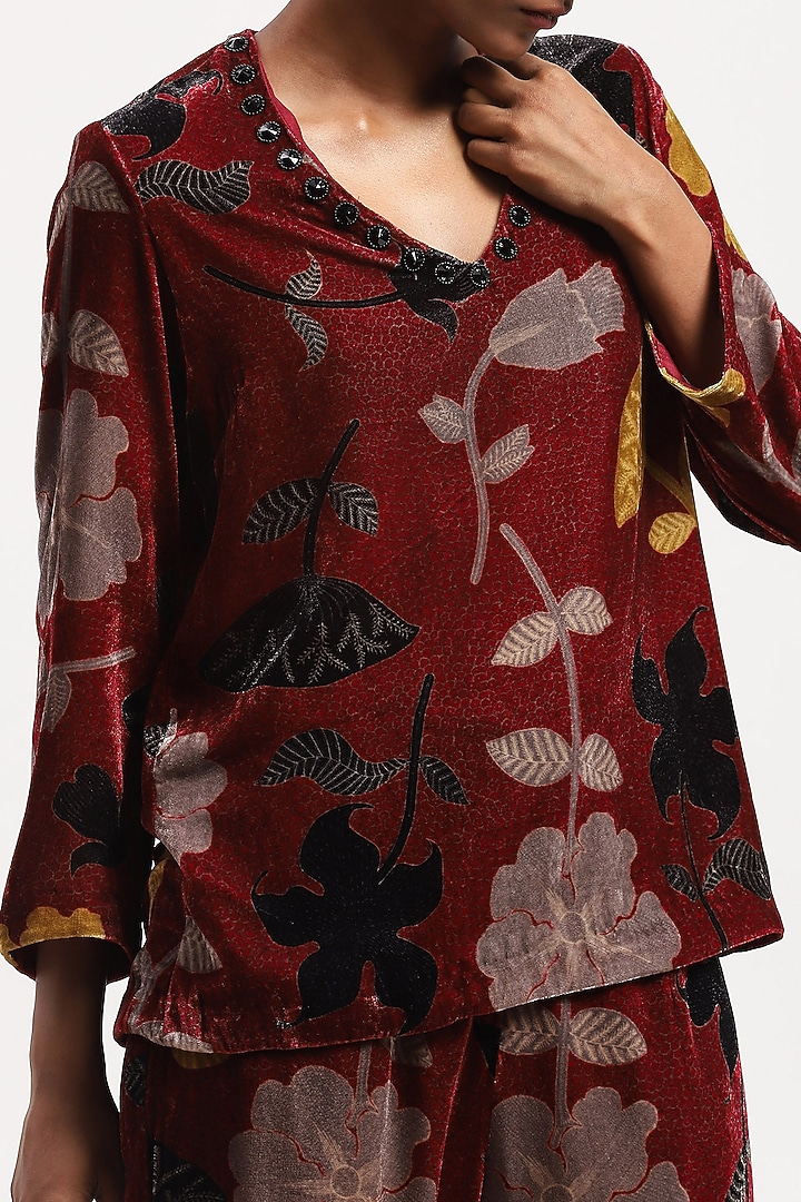 Multi-Colored Velvet Embroidered & Printed Top by Abraham & Thakore at Pernia's Pop Up Shop