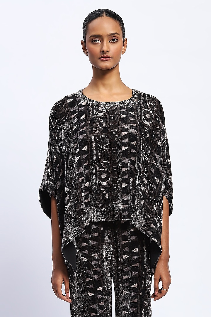 Black Velvet Sequins Embroidered & Printed Top by Abraham & Thakore at Pernia's Pop Up Shop