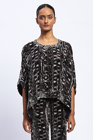Black Velvet Sequins Embroidered & Printed Top by Abraham & Thakore