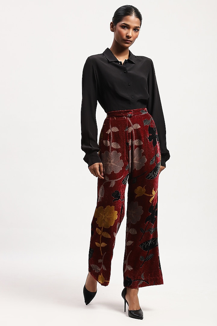 Multi-Colored Velvet Floral Digital Printed Boot-Leg Trousers by Abraham & Thakore at Pernia's Pop Up Shop