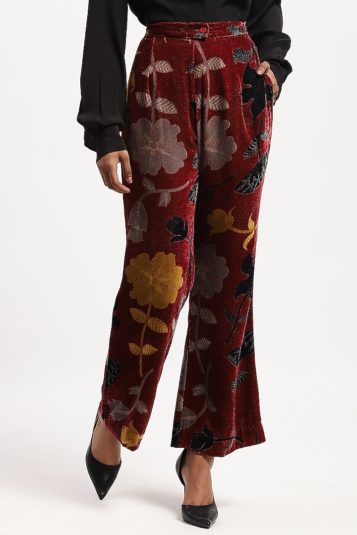 Multi-Colored Velvet Floral Digital Printed Boot-Leg Trousers by Abraham & Thakore at Pernia's Pop Up Shop
