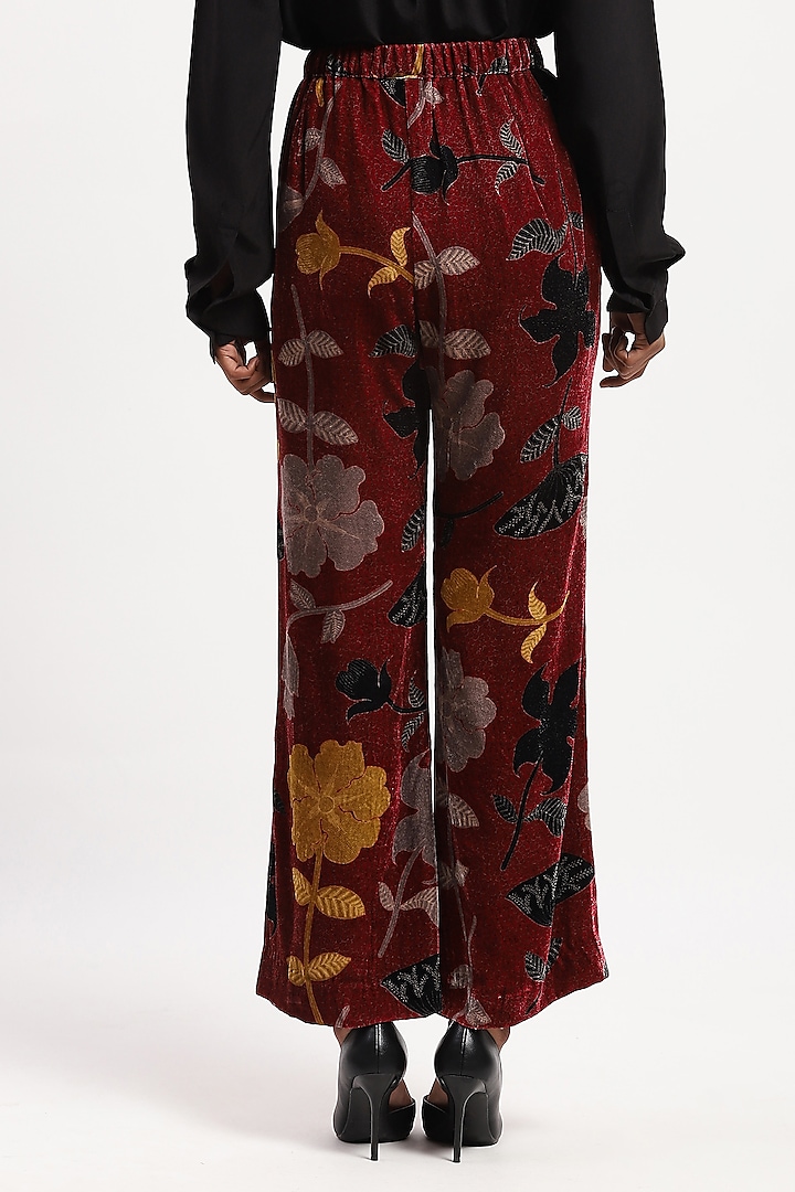 Multi-Colored Velvet Floral Digital Printed Boot-Leg Trousers by Abraham & Thakore at Pernia's Pop Up Shop