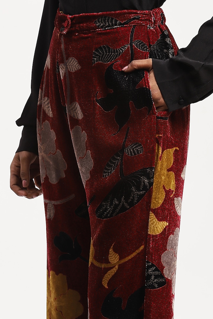 Multi-Colored Velvet Floral Digital Printed Boot-Leg Trousers by Abraham & Thakore at Pernia's Pop Up Shop