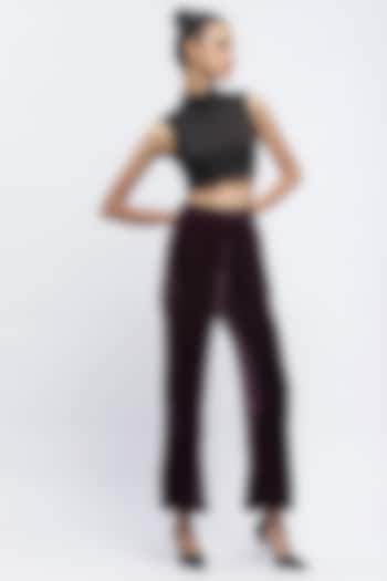 Aubergine Silk Velvet Boot-Leg Trousers by Abraham & Thakore at Pernia's Pop Up Shop