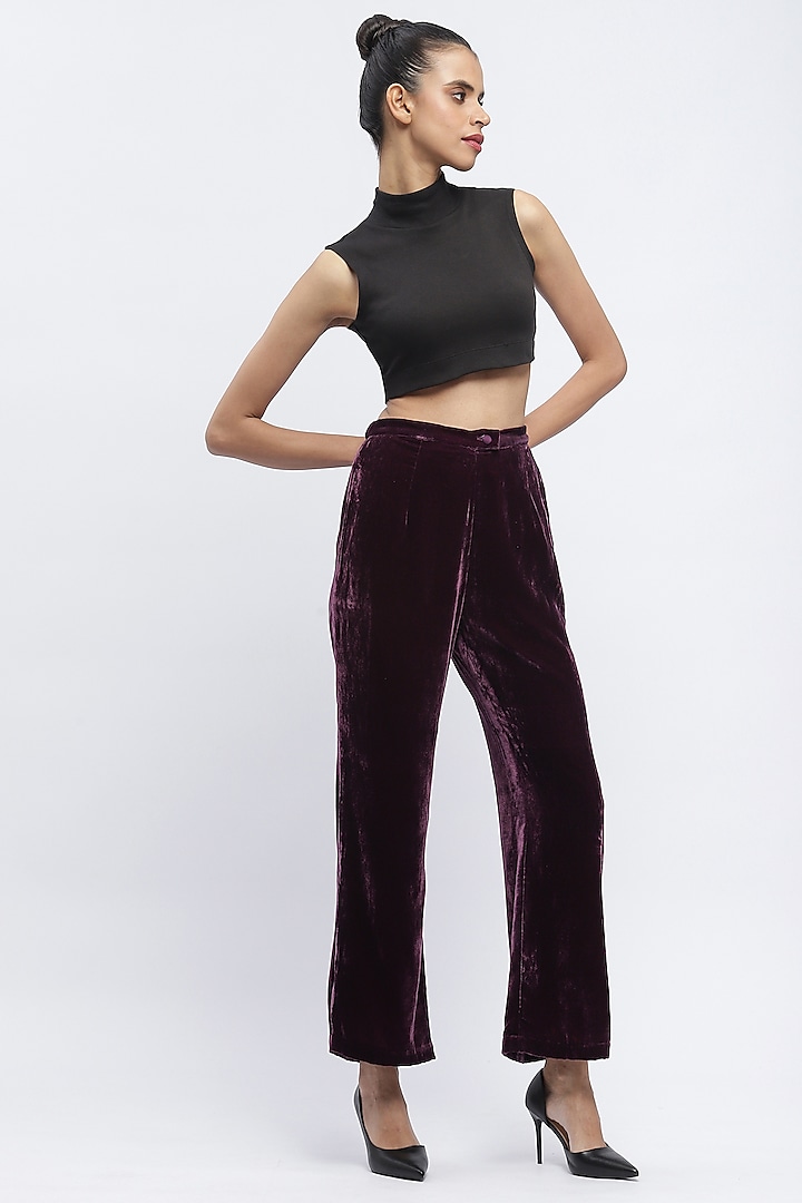 Aubergine Silk Velvet Boot-Leg Trousers by Abraham & Thakore at Pernia's Pop Up Shop