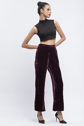 Aubergine Silk Velvet Boot-Leg Trousers by Abraham & Thakore
