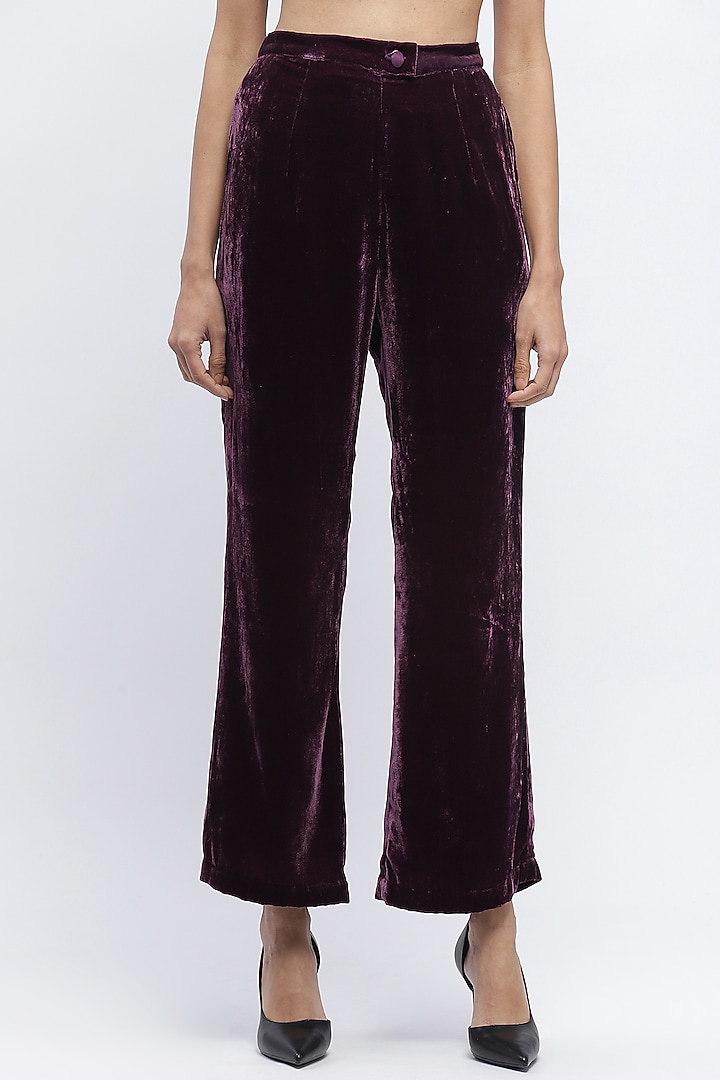 Aubergine Silk Velvet Boot-Leg Trousers by Abraham & Thakore at Pernia's Pop Up Shop