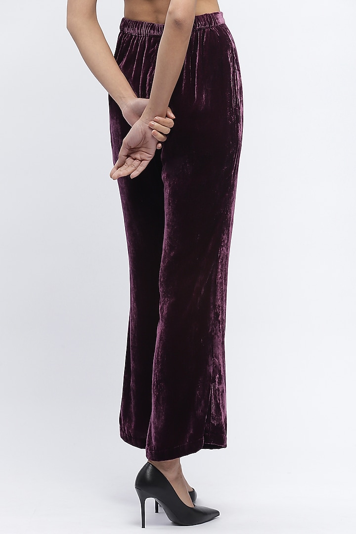 Aubergine Silk Velvet Boot-Leg Trousers by Abraham & Thakore at Pernia's Pop Up Shop
