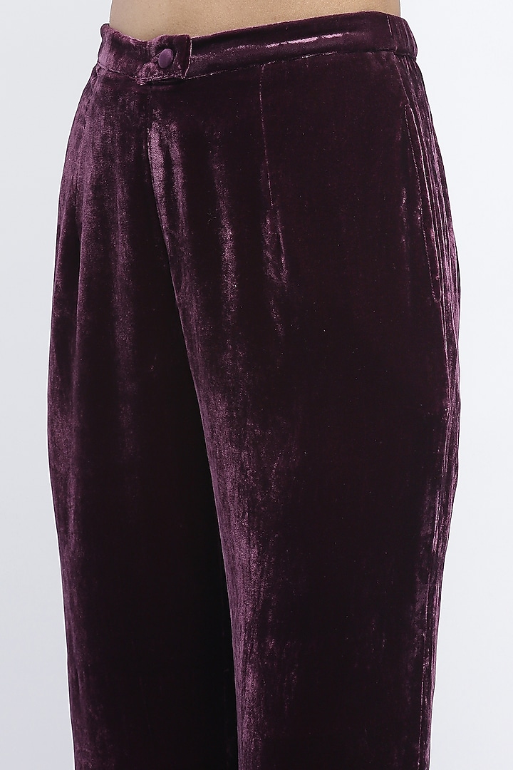 Aubergine Silk Velvet Boot-Leg Trousers by Abraham & Thakore at Pernia's Pop Up Shop
