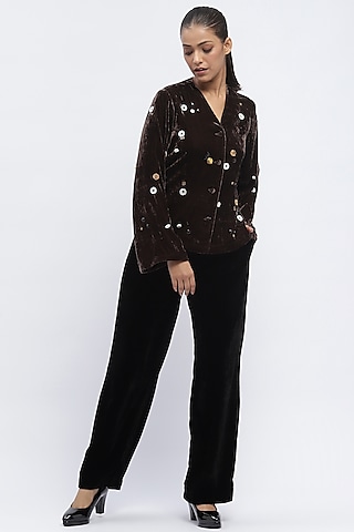 Black Silk Velvet Straight Trousers by Abraham & Thakore