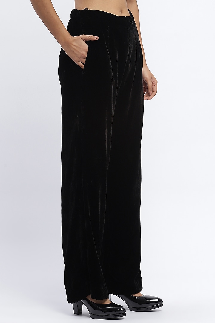 Black Silk Velvet Straight Trousers by Abraham & Thakore at Pernia's Pop Up Shop