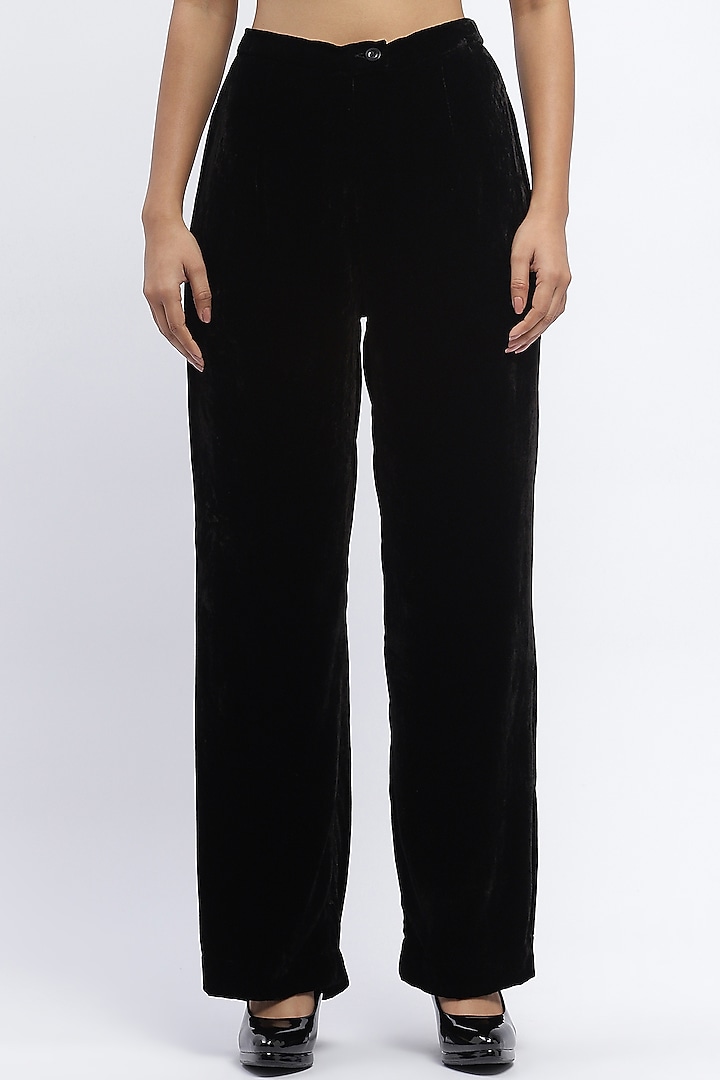 Black Silk Velvet Straight Trousers by Abraham & Thakore at Pernia's Pop Up Shop