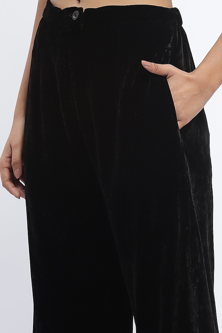 Black Silk Velvet Straight Trousers by Abraham & Thakore at Pernia's Pop Up Shop