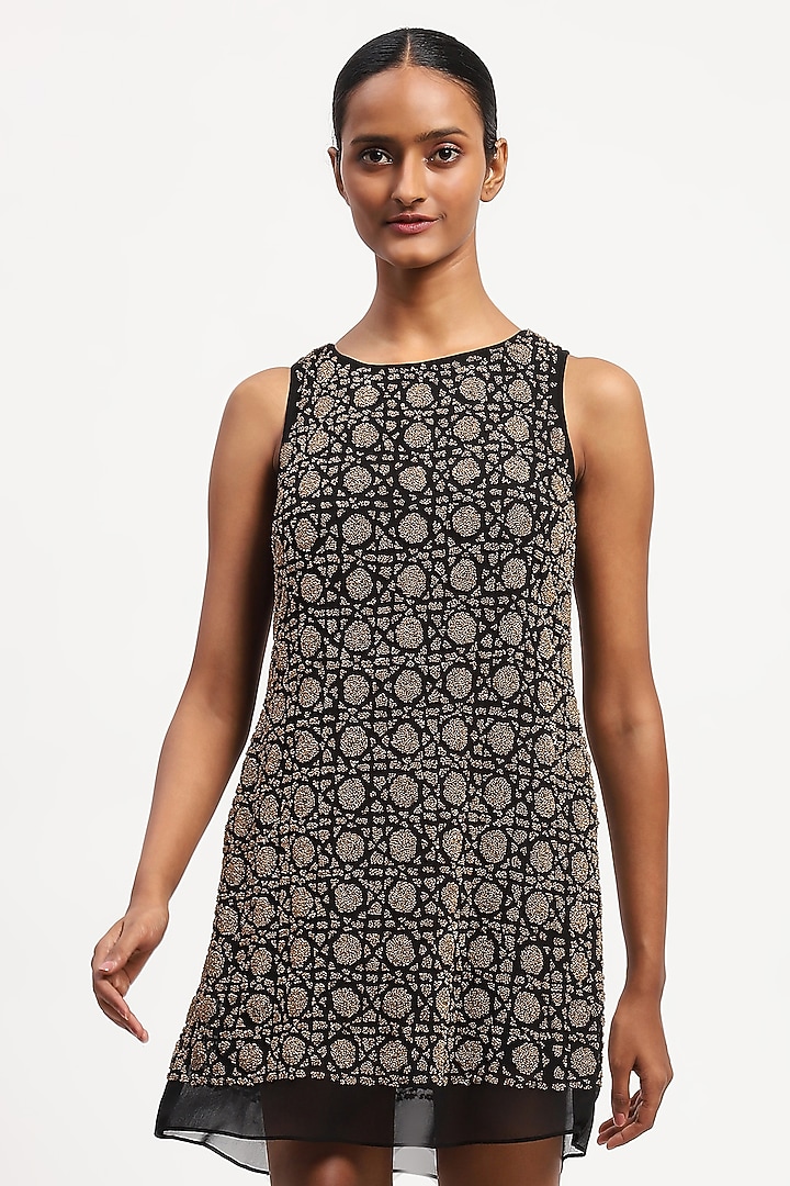 Black Georgette Sequin Embellished Party Wear Dress by Abraham & Thakore at Pernia's Pop Up Shop