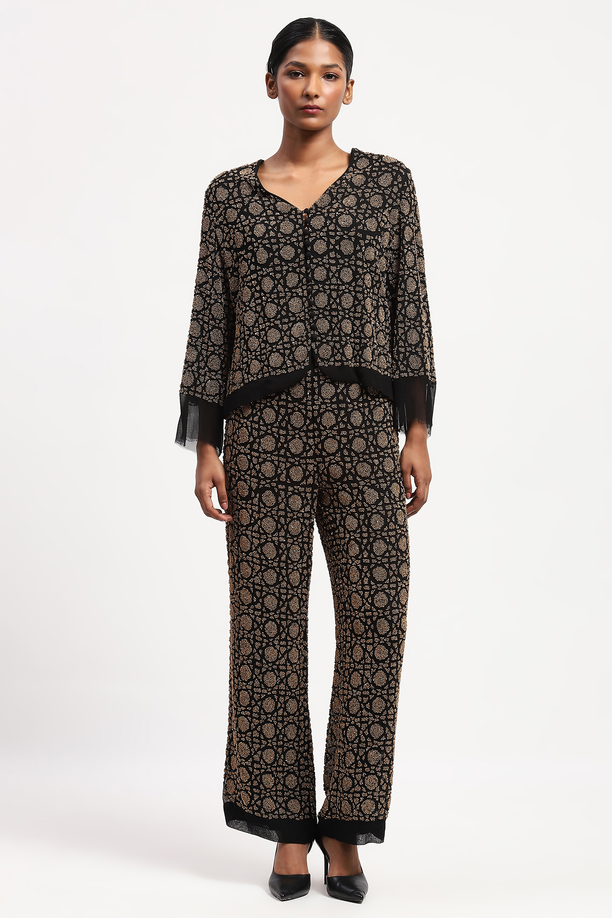 Black Georgette Sequin Embellished Trousers by Abraham & Thakore at Pernia's Pop Up Shop