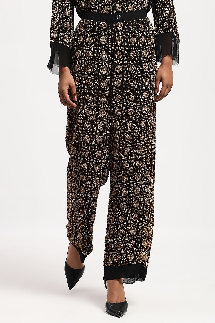 Black Georgette Sequin Embellished Trousers by Abraham & Thakore at Pernia's Pop Up Shop