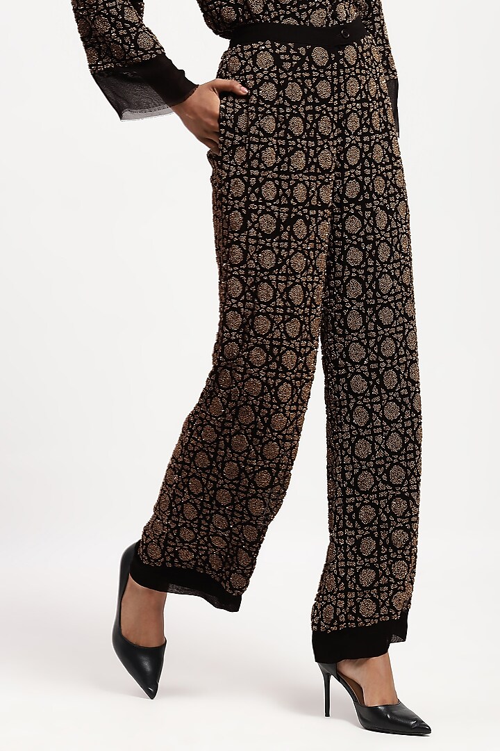 Black Georgette Sequin Embellished Trousers by Abraham & Thakore at Pernia's Pop Up Shop