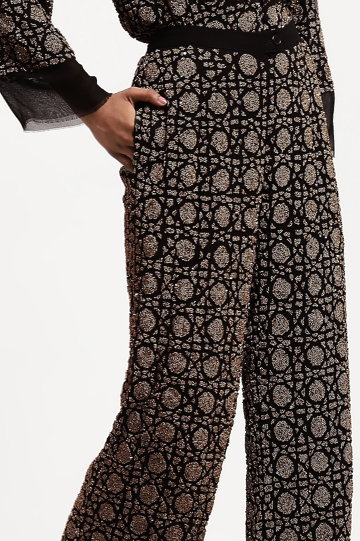 Black Georgette Sequin Embellished Trousers by Abraham & Thakore at Pernia's Pop Up Shop