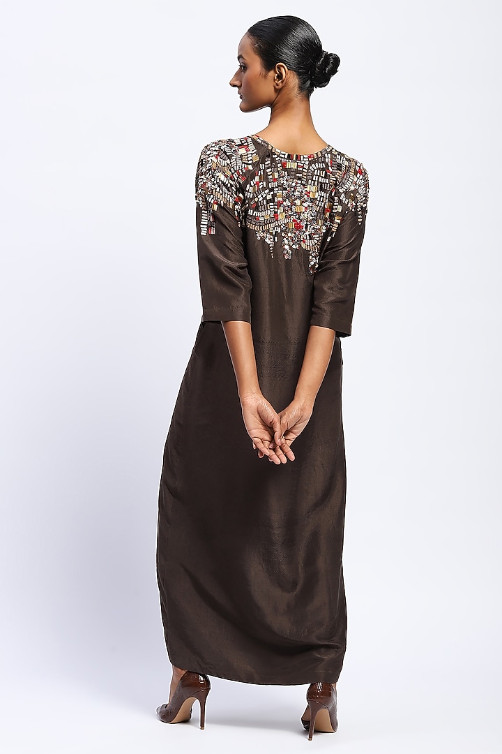 Brown Pure Silk Sequins Embellished Kaftan by Abraham & Thakore at Pernia's Pop Up Shop