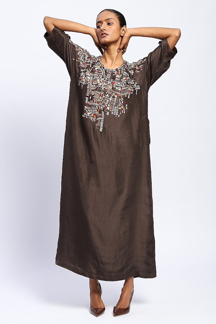 Brown Pure Silk Sequins Embellished Kaftan by Abraham & Thakore at Pernia's Pop Up Shop