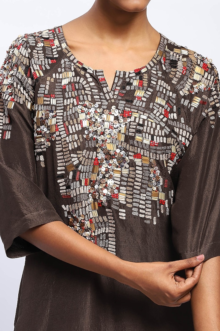 Brown Pure Silk Sequins Embellished Kaftan by Abraham & Thakore at Pernia's Pop Up Shop