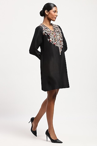 Brown Pure Silk Sequins Embellished Mini Dress by Abraham & Thakore