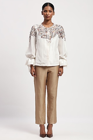 White Pure Silk Sequins Embroidered Shirt by Abraham & Thakore