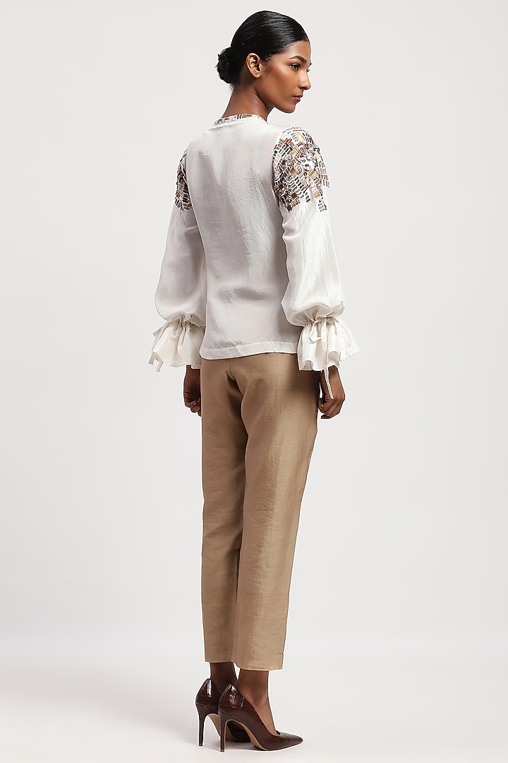 White Pure Silk Sequins Embroidered Shirt by Abraham & Thakore at Pernia's Pop Up Shop