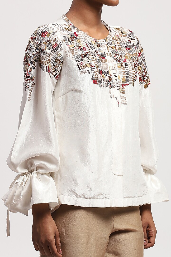 White Pure Silk Sequins Embroidered Shirt by Abraham & Thakore at Pernia's Pop Up Shop