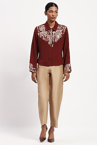Burgundy Pure Silk Sequins Embroidered Shirt by Abraham & Thakore
