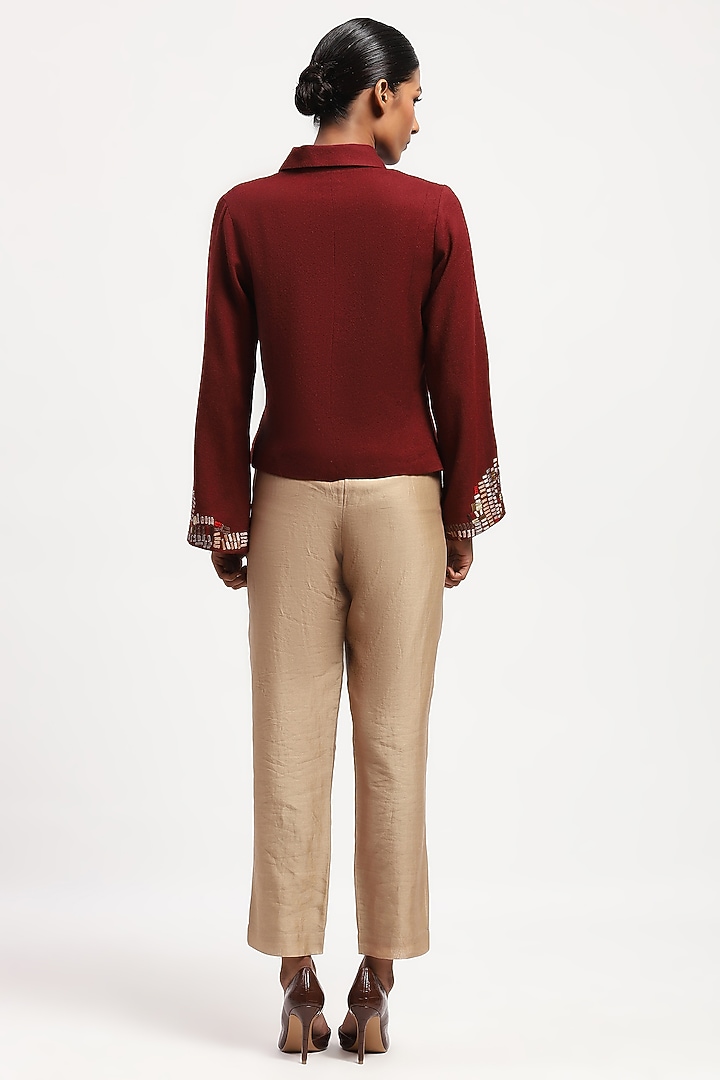 Burgundy Pure Silk Sequins Embroidered Shirt by Abraham & Thakore at Pernia's Pop Up Shop