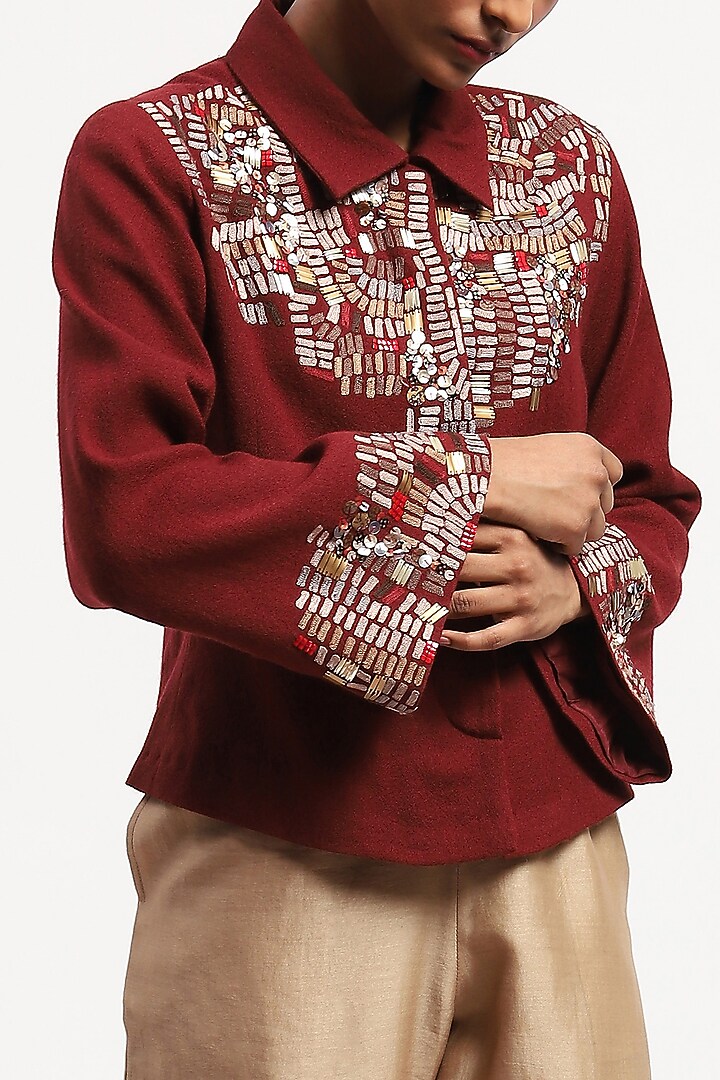 Burgundy Pure Silk Sequins Embroidered Shirt by Abraham & Thakore at Pernia's Pop Up Shop