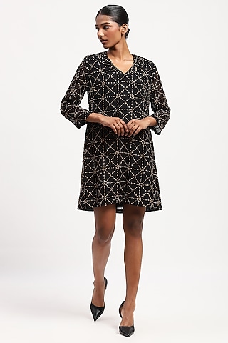 Black Georgette Sequins Embroidered Mini Dress by Abraham & Thakore