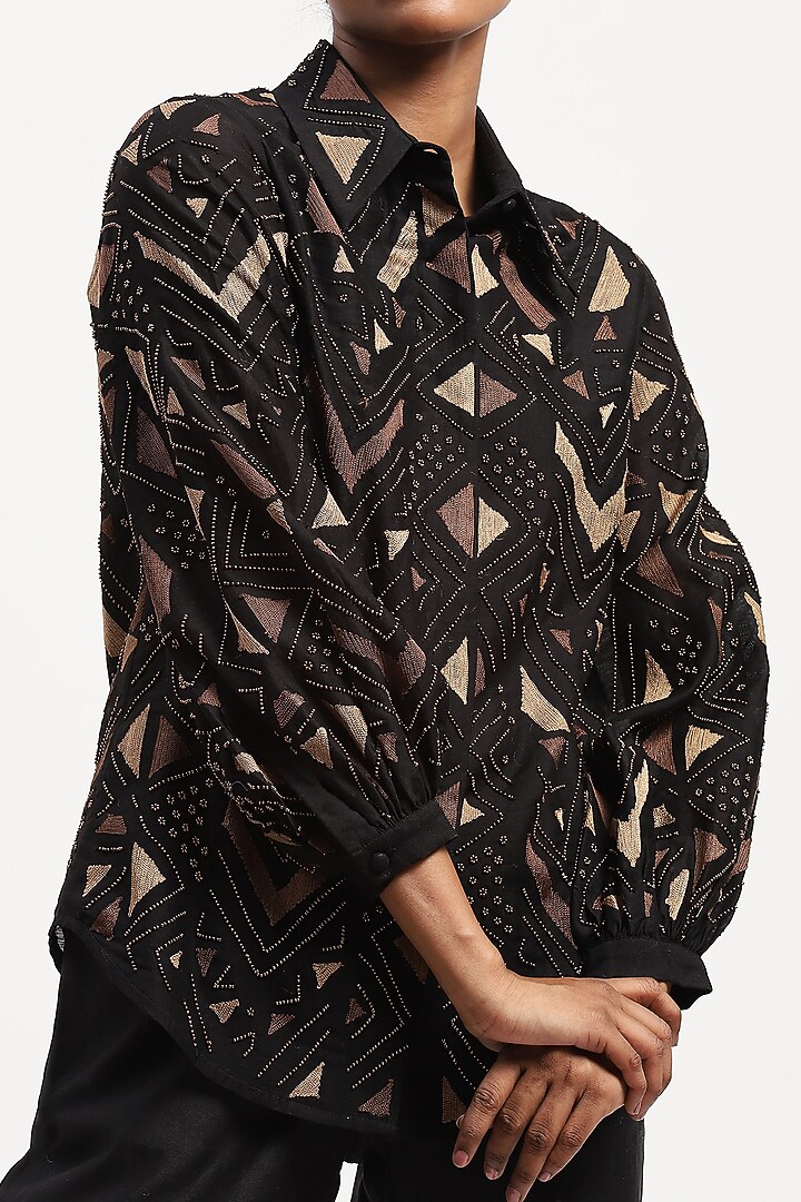 Black Chanderi Bead Embroidered Shirt by Abraham & Thakore at Pernia's Pop Up Shop