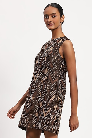 Brown Chanderi Bead Embroidered Mini Dress by Abraham & Thakore