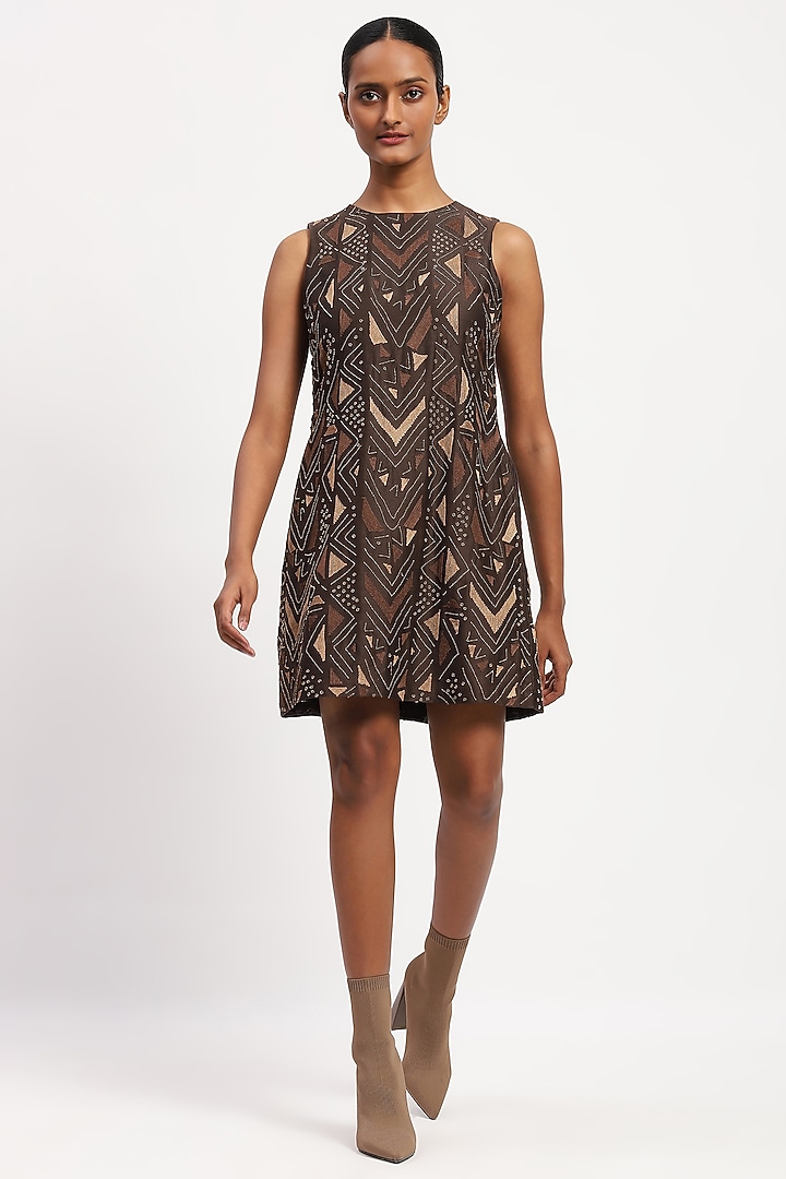 Brown Chanderi Bead Embroidered Mini Cocktail Dress by Abraham & Thakore at Pernia's Pop Up Shop