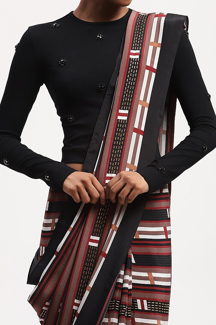 Multi-Colored Satin Printed & Bead Embroidered Wedding Saree by Abraham & Thakore at Pernia's Pop Up Shop