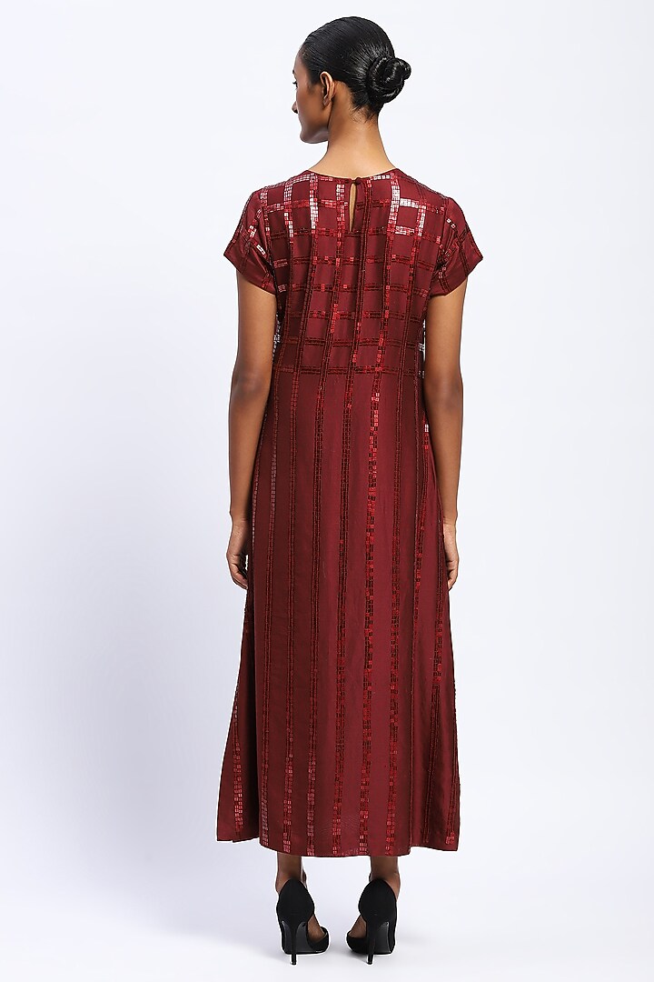 Burgundy Chanderi Sequins Embroidered Maxi Cocktail Dress by Abraham & Thakore at Pernia's Pop Up Shop