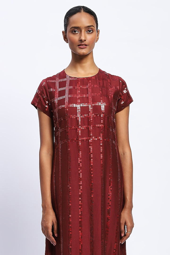 Burgundy Chanderi Sequins Embroidered Maxi Cocktail Dress by Abraham & Thakore at Pernia's Pop Up Shop
