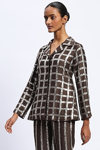 Brown Chanderi Sequins Embellished Jacket by Abraham & Thakore