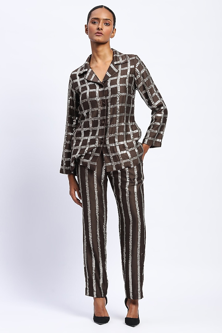 Brown Chanderi Sequins Embellished Jacket by Abraham & Thakore at Pernia's Pop Up Shop