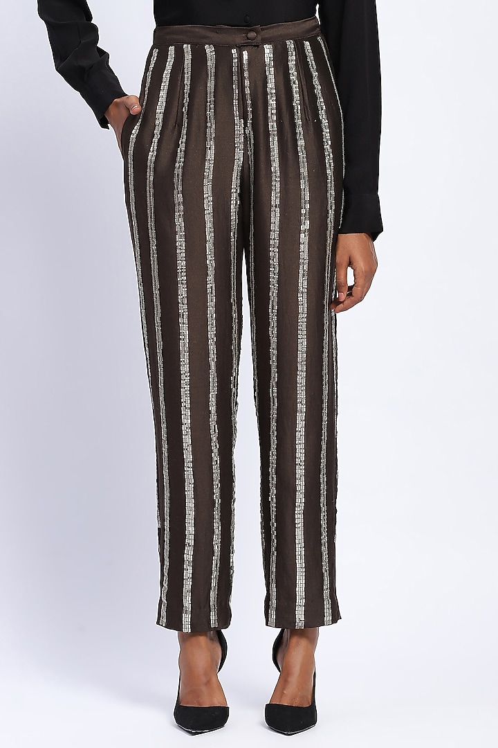 Brown Chanderi Sequin Embellished Trousers by Abraham & Thakore at Pernia's Pop Up Shop