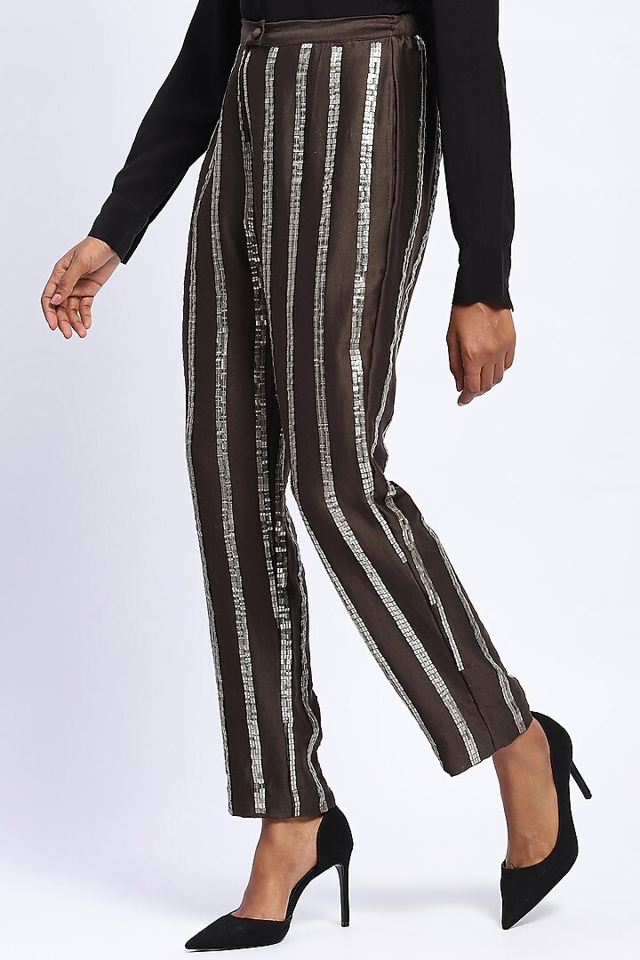Brown Chanderi Sequin Embellished Trousers by Abraham & Thakore at Pernia's Pop Up Shop