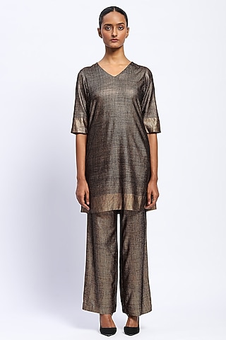 Gold Georgette Metallic Printed & Embroidered Dress by Abraham & Thakore