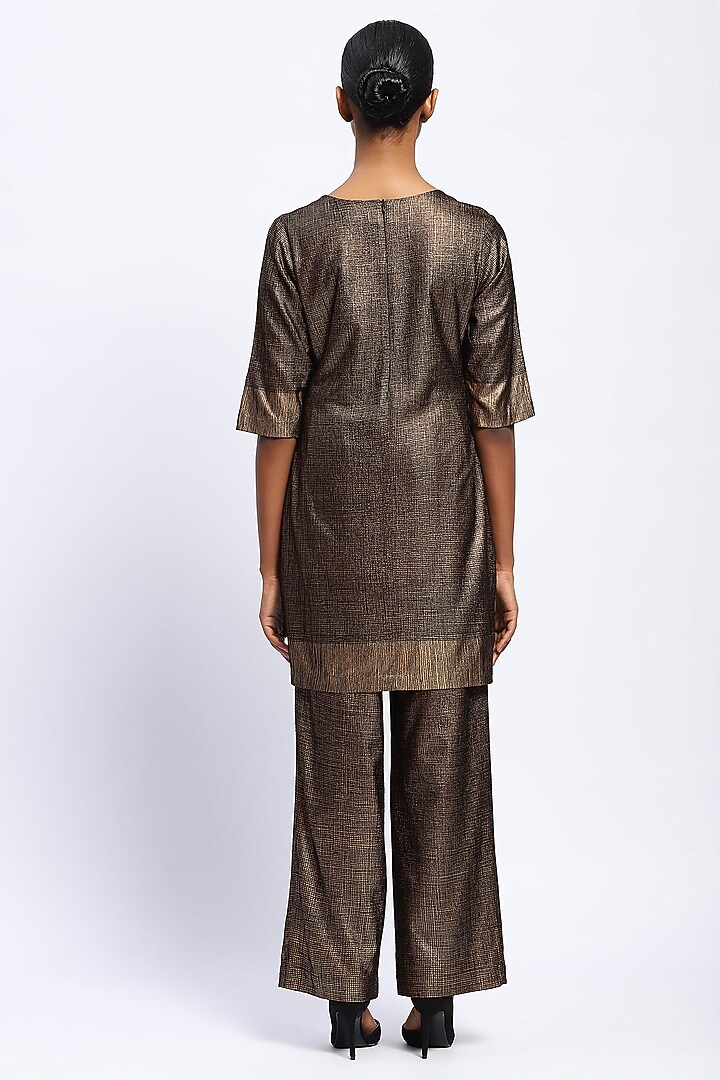 Gold Georgette Metallic Printed & Embroidered Cocktail Dress by Abraham & Thakore at Pernia's Pop Up Shop