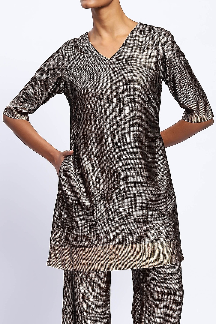 Gold Georgette Metallic Printed & Embroidered Cocktail Dress by Abraham & Thakore at Pernia's Pop Up Shop